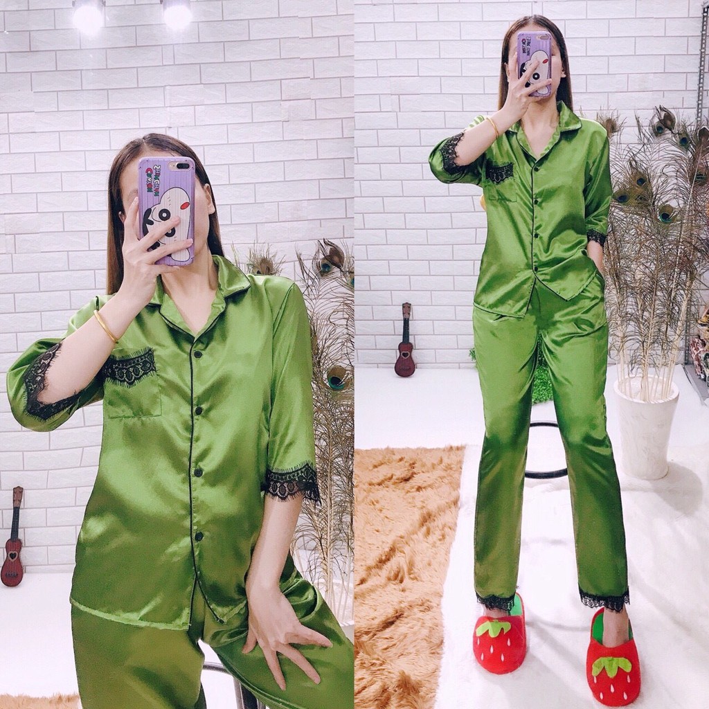 ĐỒ NGỦ PHI LỤA CAO CẤP PHỐI REN - PIJAMA NỮ - TAY LỬNG QUẦN DÀI - QUEEN PIJAMA SHOP | BigBuy360 - bigbuy360.vn