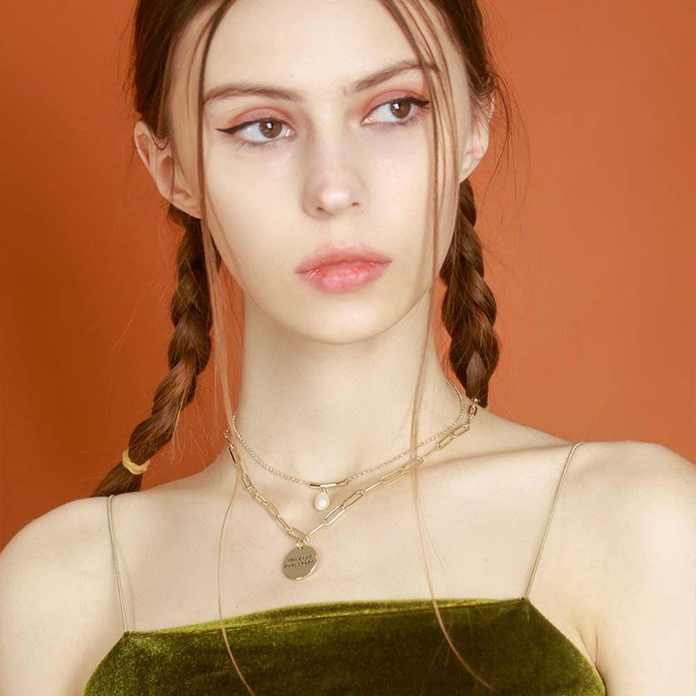 AROMA Vòng Cổ Choker Hai Lớp Mặt Đồng Xu Khắc Chữ Phong Cách Hàn Quốc