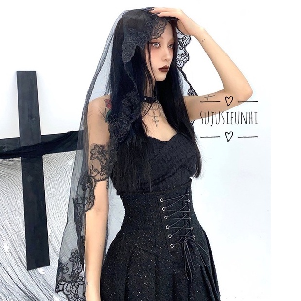 Khăn voan trơn màu đen họa tiết hoa thêu viền trùm tóc chụp ảnh gothic/ khăn đội đầu hóa trang Halloween