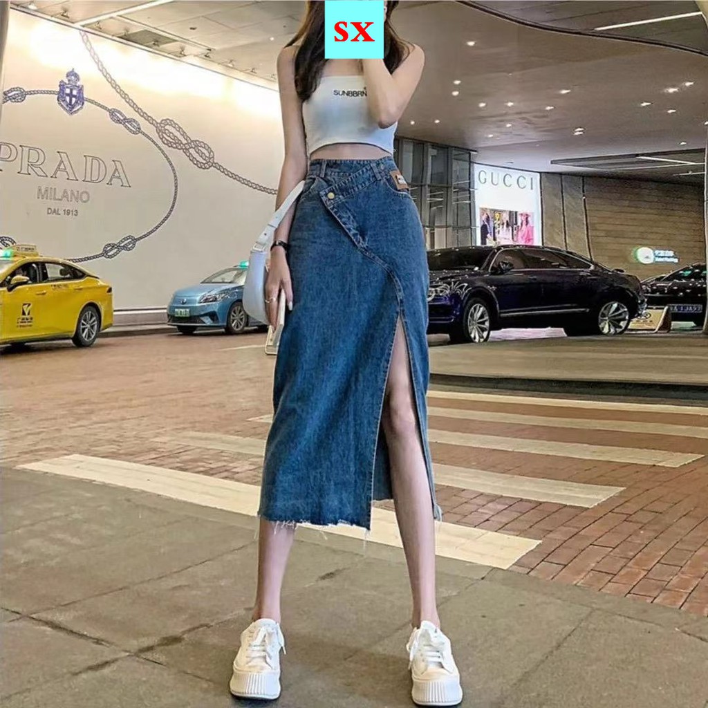 Chân Váy Jean Dài Lưng Cao Dáng Chữ A Thời Trang Mùa Hè Hàng Mới Dành Cho Bạn Nữ 2021
