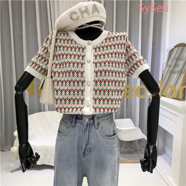 Áo Croptop Dệt Kim Tay Ngắn Mùa Hè Phối Khuy Ngọc Trai Thời Trang Dịu Dàng Cho Nữ