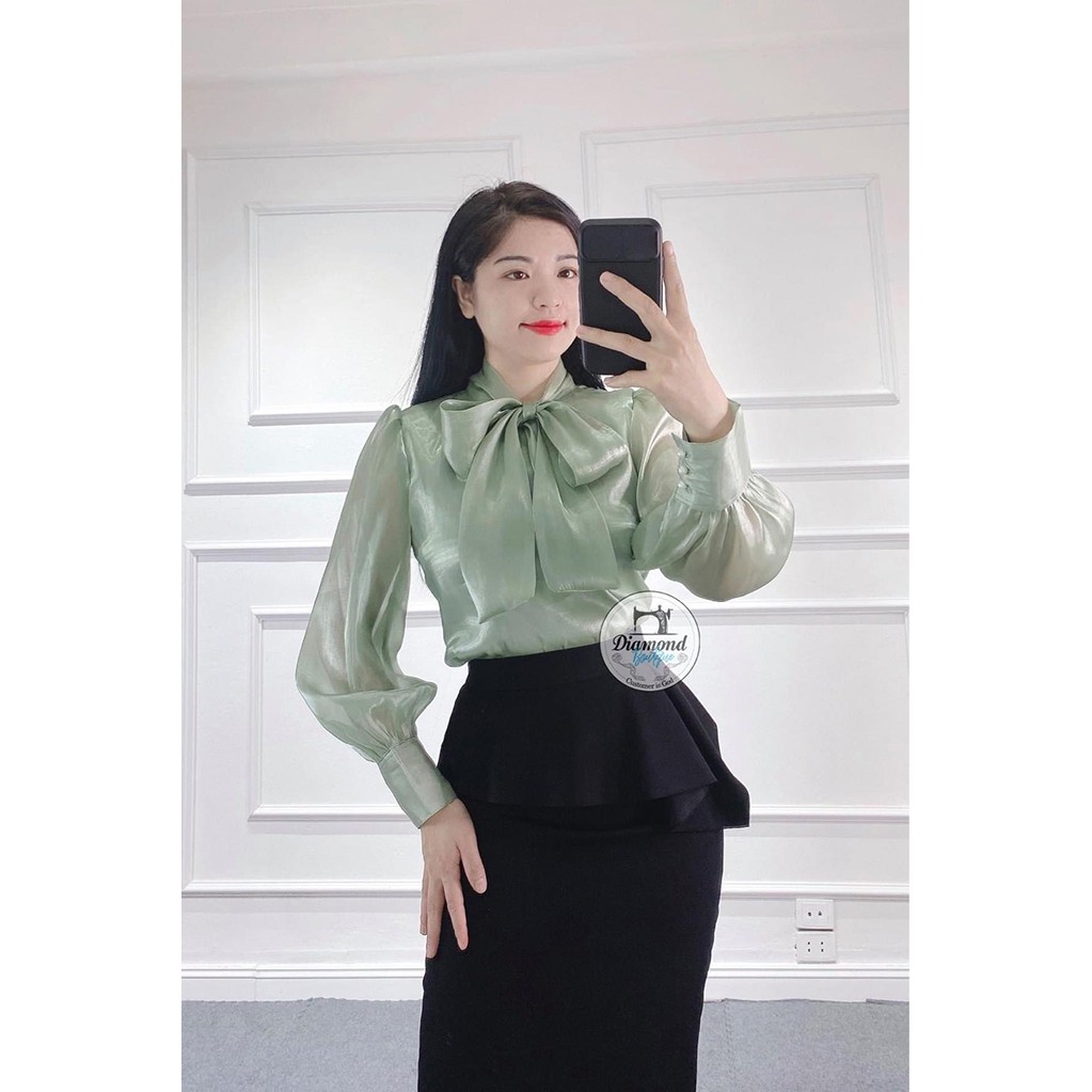 Áo Sơ Mi Nữ Tay Dài Cổ Nơ Chất Tơ Organza Thoáng Mát