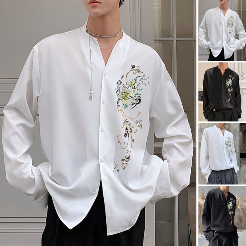 Áo Sơ Mi Nam Dài Tay Cổ Chữ V In Hoa