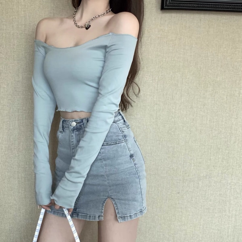 Áo croptop trễ vai trơn tay dài ôm dáng ( CÓ SẴN ) ảnh thật cuối