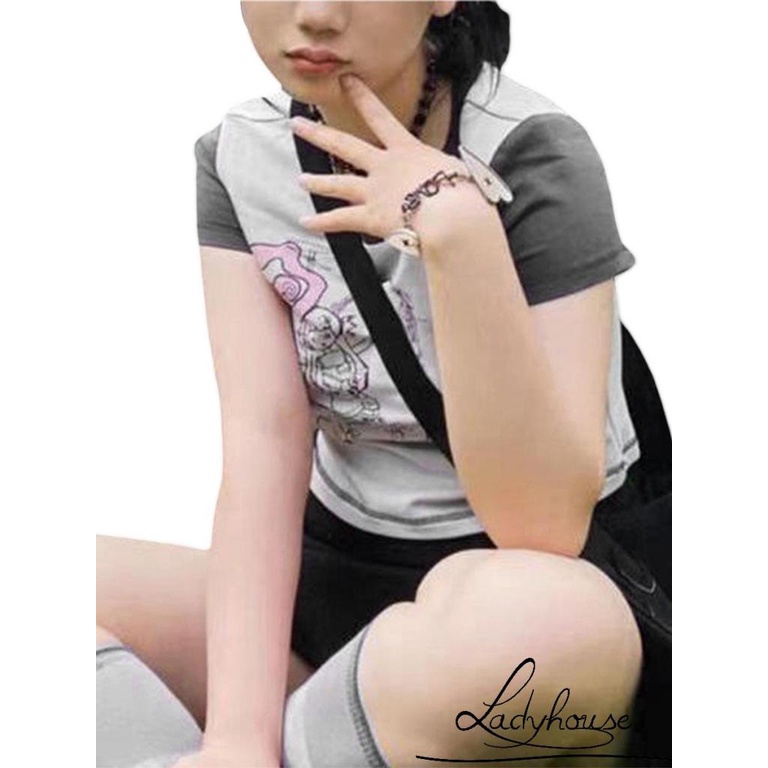 Áo Thun T-shirt Tay Ngắn Cổ Tròn In Hình Cô Gái Hoạt Hình Màu Tương Phản Dành Cho Nữ