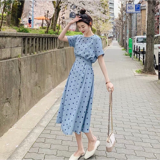 Đầm blue bi xanh đen thắt eo (kèm hình thật)