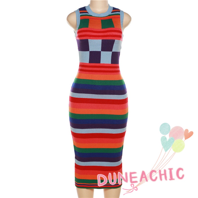 DUNEA Đầm Dệt Kim Sát Nách Dáng Ôm Phối Màu Cá Tính Thời Trang Cho Nữ