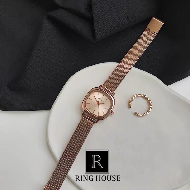 Đồng hồ nữ thời trang giá rẻ Naidu dây kim loại vàng hồng đẹp học sinh sinh viên Ring House