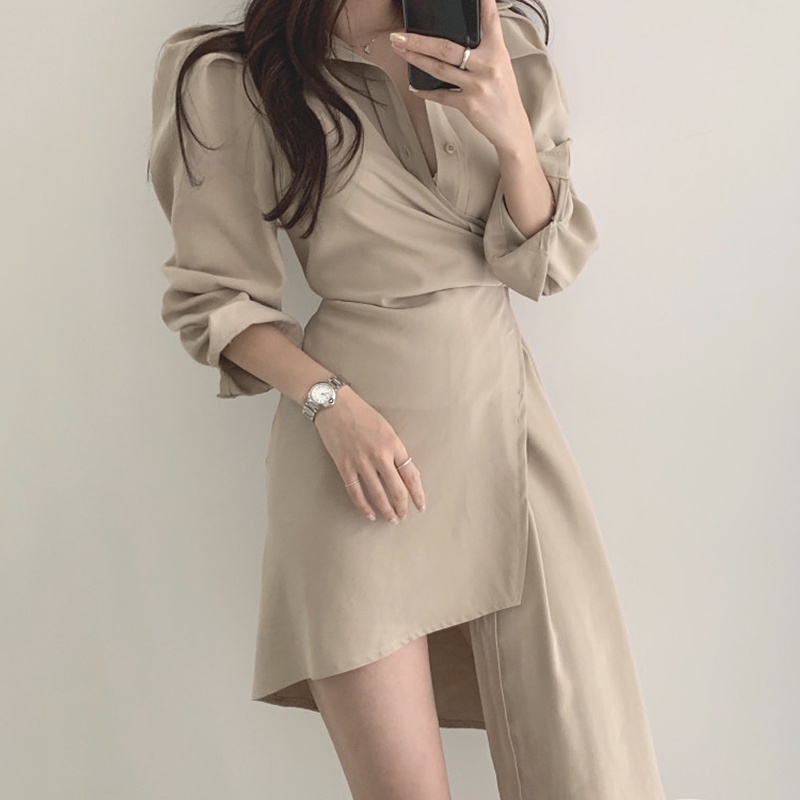 Váy sơ mi cổ bẻ cài khuy lệch vạt ngắn dài style Hàn Quốc sang chảnh