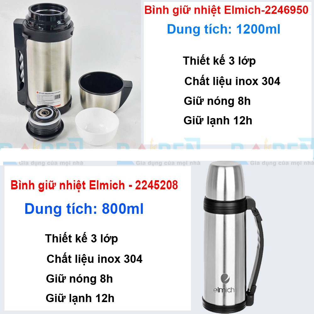 Bình giữ nhiệt  Elmich inox 304 thiết kế 3 lớp dung tích 500ml, 750ml, 800ml, 1000ml, 1200ml sản xuất tại cộng hòa séc