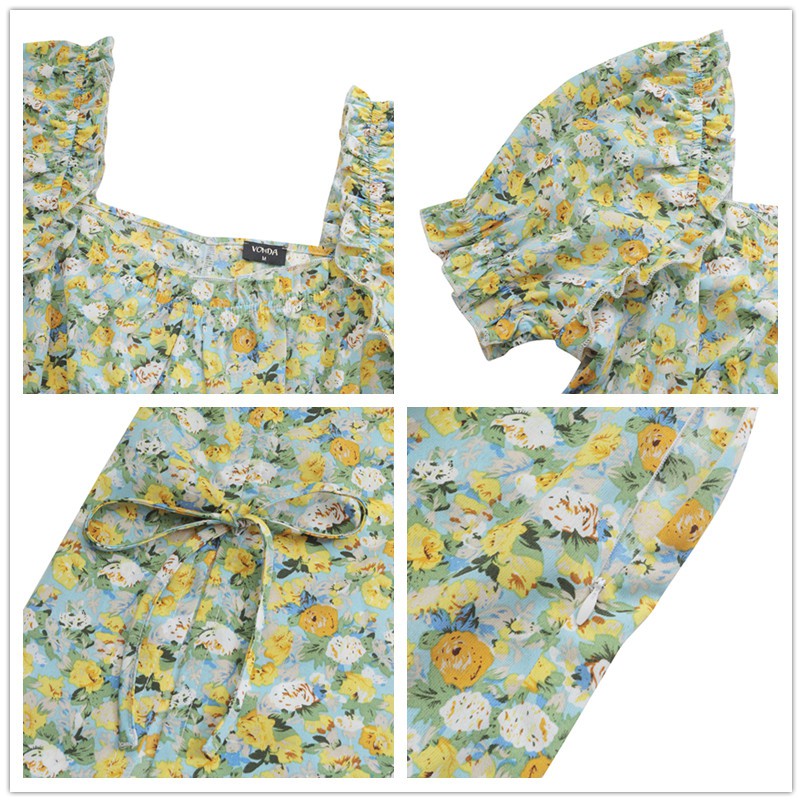 VONDA Đầm Tay Ngắn Cổ Vuông Hoạ Tiết Hoa Phong Cách Hàn Quốc | BigBuy360 - bigbuy360.vn