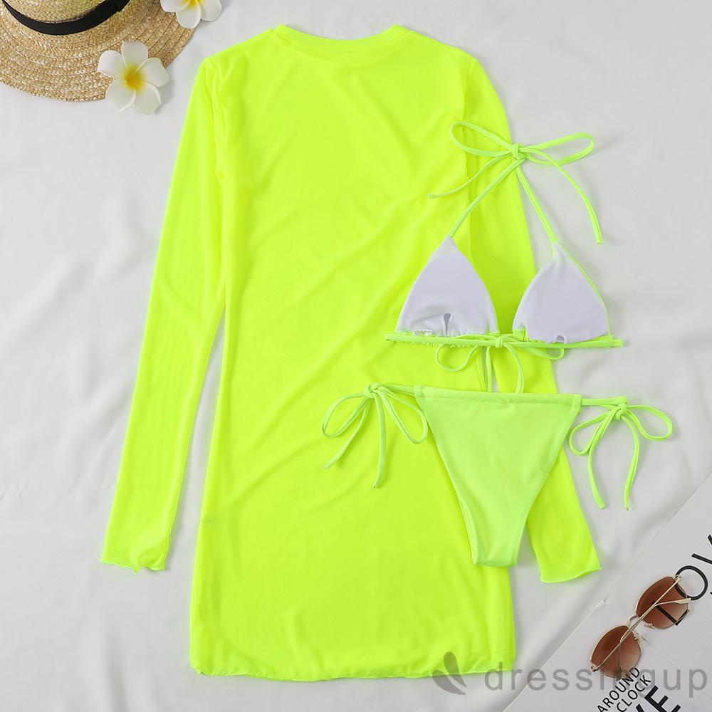 Bộ Đồ Bơi Bikini Cổ Yếm Màu Trơn Phối Quần Lọt Khe Xuyên Thấu Quyến Rũ Cho Nữ