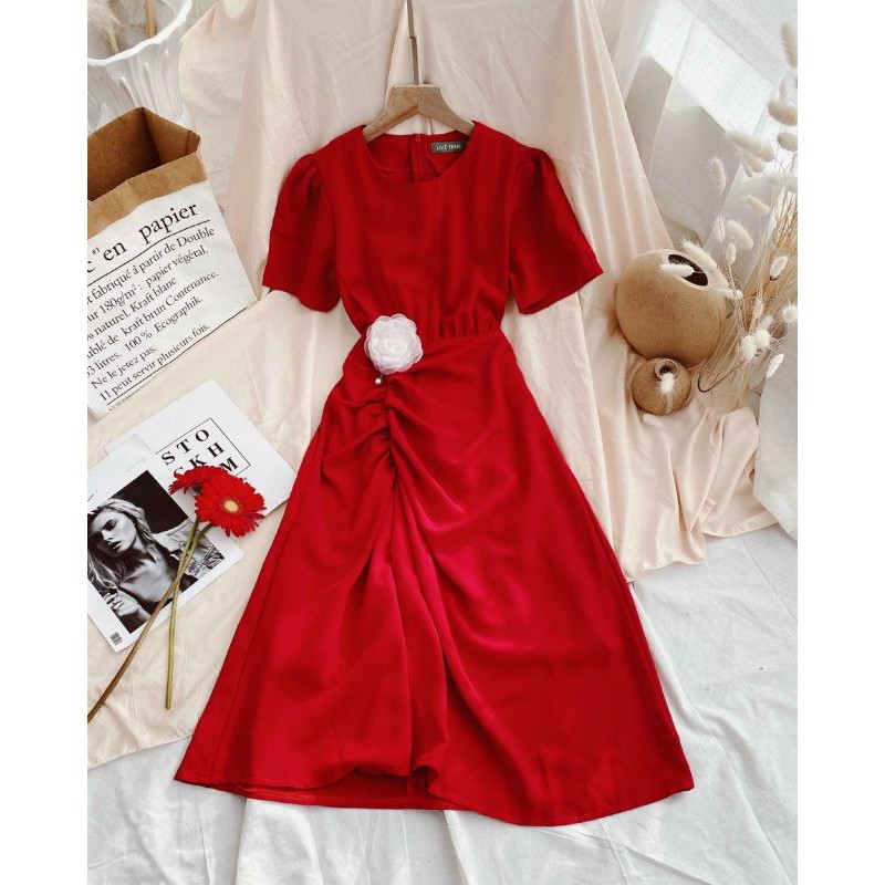 ĐẦM MIDI NHÚN THÂN ĐÍNH NGỌC KÈM TAG HOA