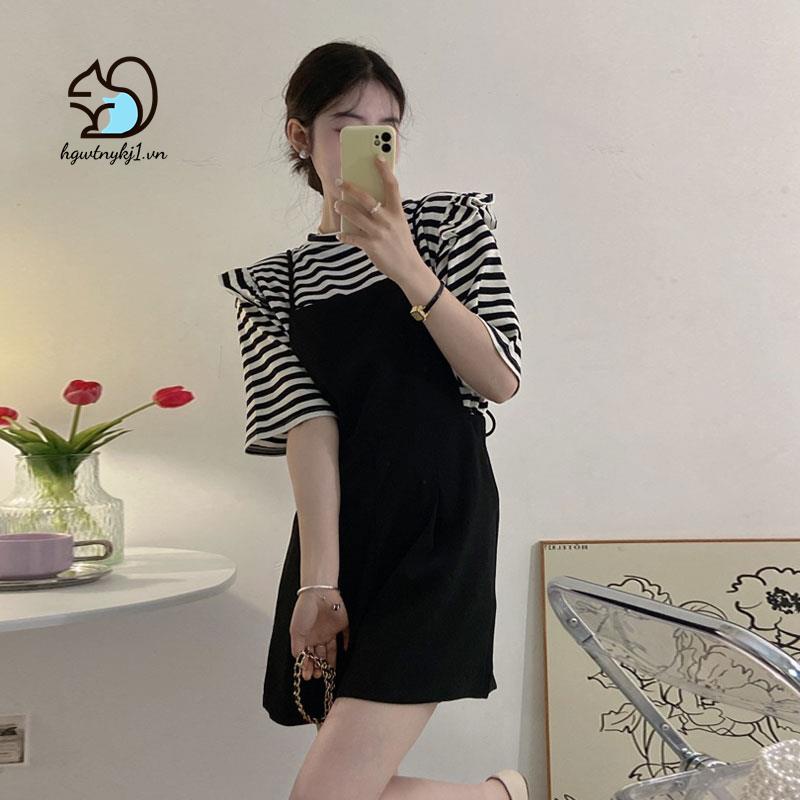Quần Yếm Ngắn Ống Rộng Màu Đen Phong Cách Hàn Quốc Cho Nữ