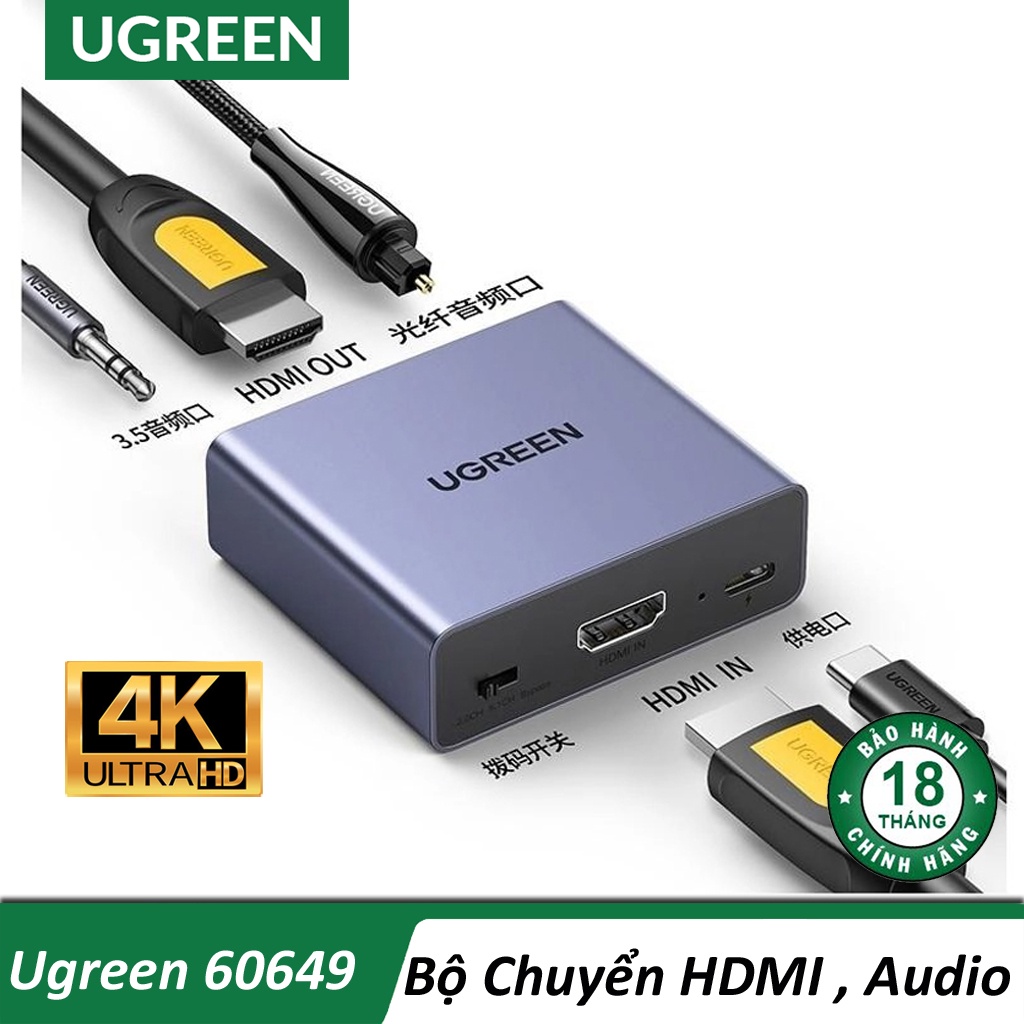 Bộ Chia HDMI ra HDMI kèm Audio 3.5mm / Optical Chính Hãng UGREEN 60649 Cao Cấp