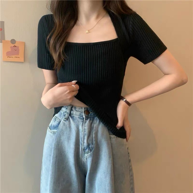 Áo len mỏng cổ vuông tay ngắn co dãn tốt bigsize