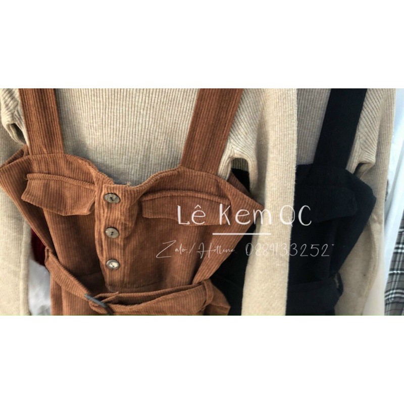 Sét Yếm Váy ❤️  ❤️Yếm Nhung Tăm Áo Len Cổ 3 Phân Dáng Váy 3 Màu NÂU RÊU ĐEN  Hàng Quảng Châu ❤️