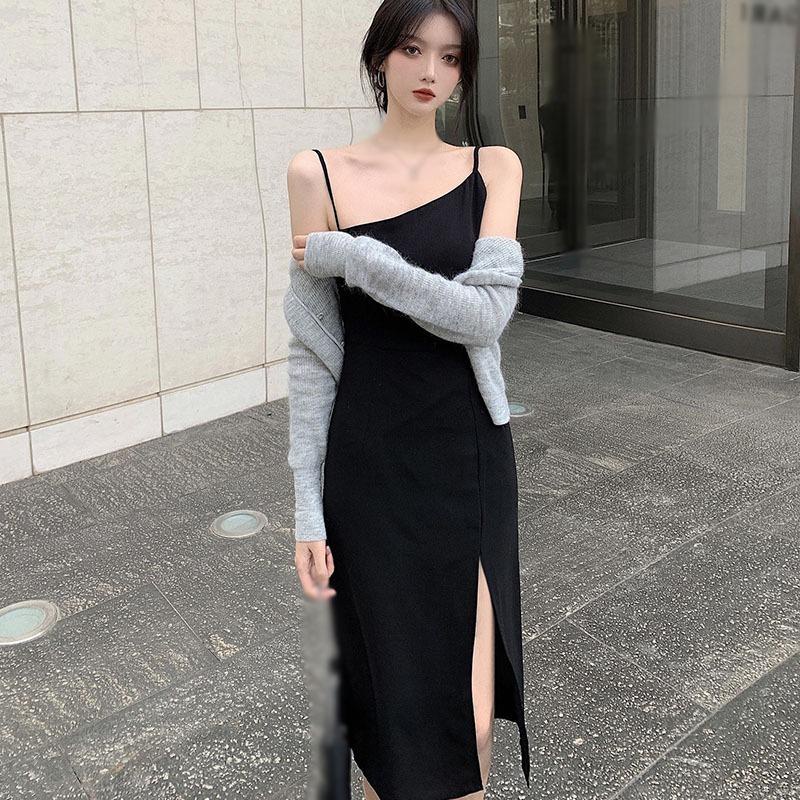 Đầm 2 dây xẻ tà màu sắc cổ điển phong cách Hàn Quốc thời trang cho nữ