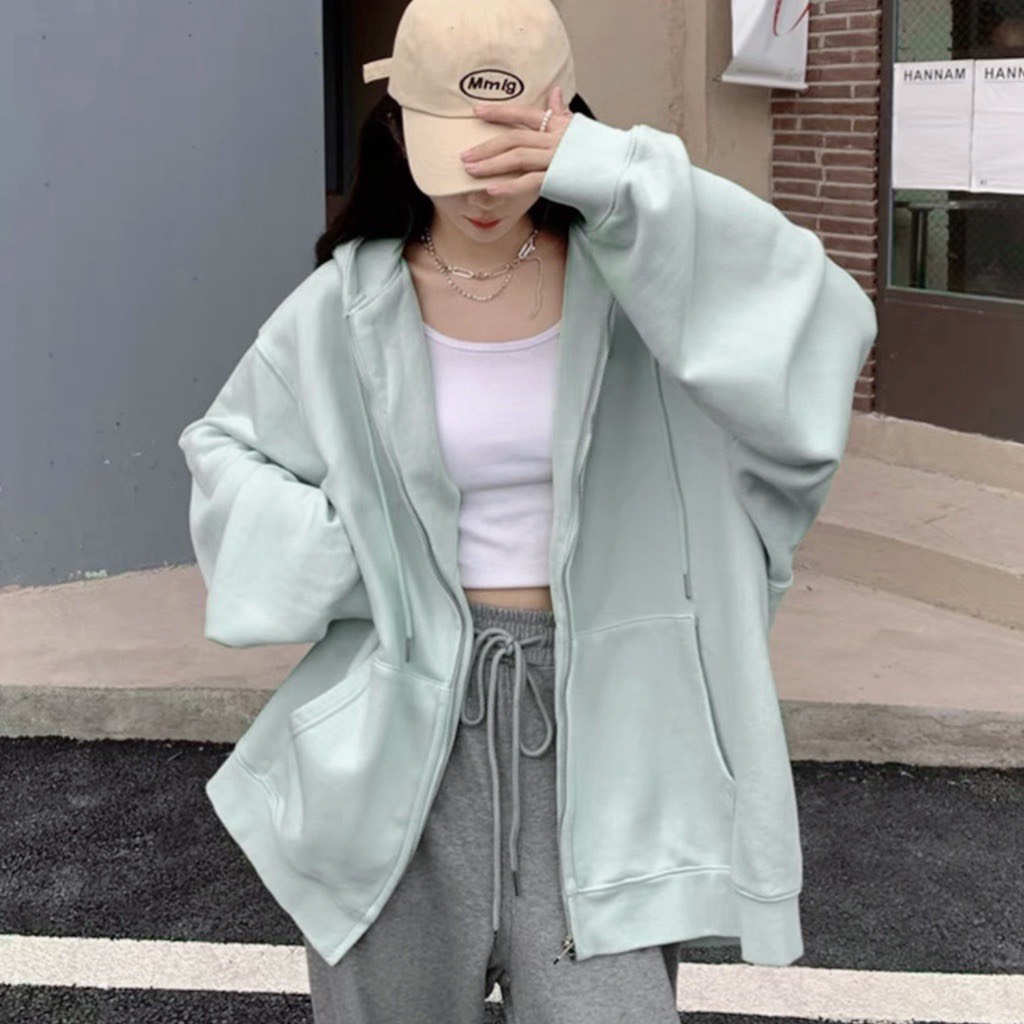 Khoác Nỉ Trơn Hoodie Dáng Rộng Hàn Quốc Nam Nữ Unisex Túi Rộng Mũ To Tay Bồng