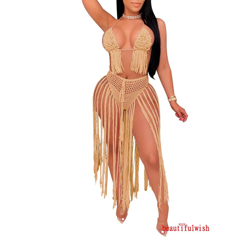 Bộ bikini đan len + quần lót tua rua dài thời trang đi biển mùa hè cho nữ
 | BigBuy360 - bigbuy360.vn