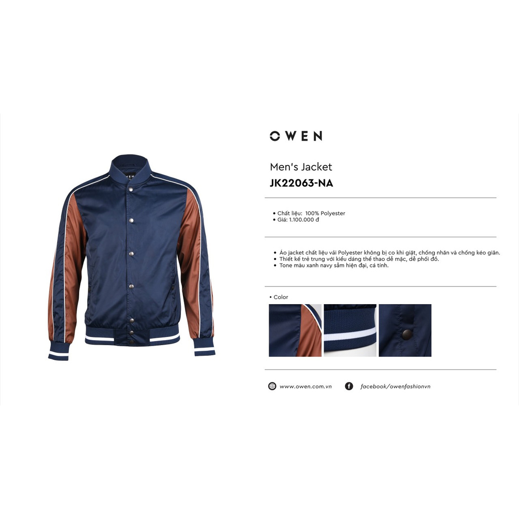 OWEN - Áo Jacket Owen - JK22063 Màu xanh tím than tay pha đồng có viền trắng thể thao