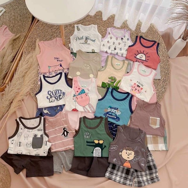 Bộ ba lỗ cotton giấy hàng Quảng Châu màu cực cool cho bé trai bé gái SN35