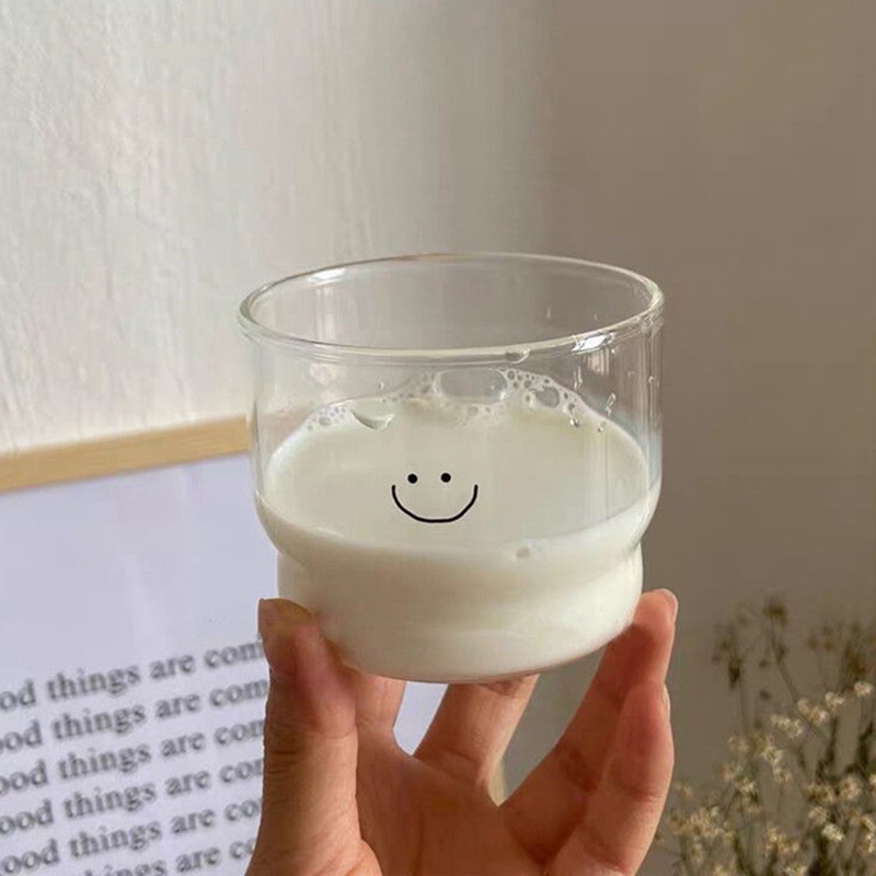 Ly Thủy Tinh Trong Suốt Chịu Nhiệt Tốt In Hình Mặt Cười Dễ Thương