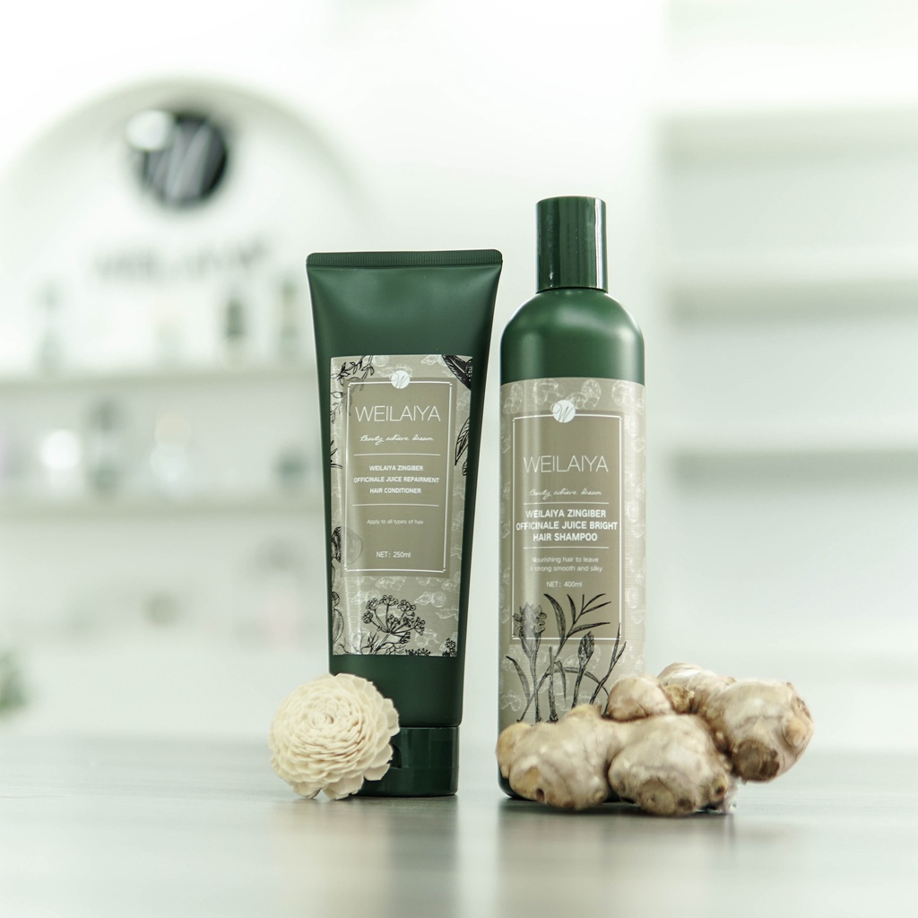 Bộ sản phẩm dầu gội dầu xả thảo dược gừng hà thủ ô và Tinh dầu dưỡng Weilaiya ngăn rụng và kích thích mọc tóc cho da khô