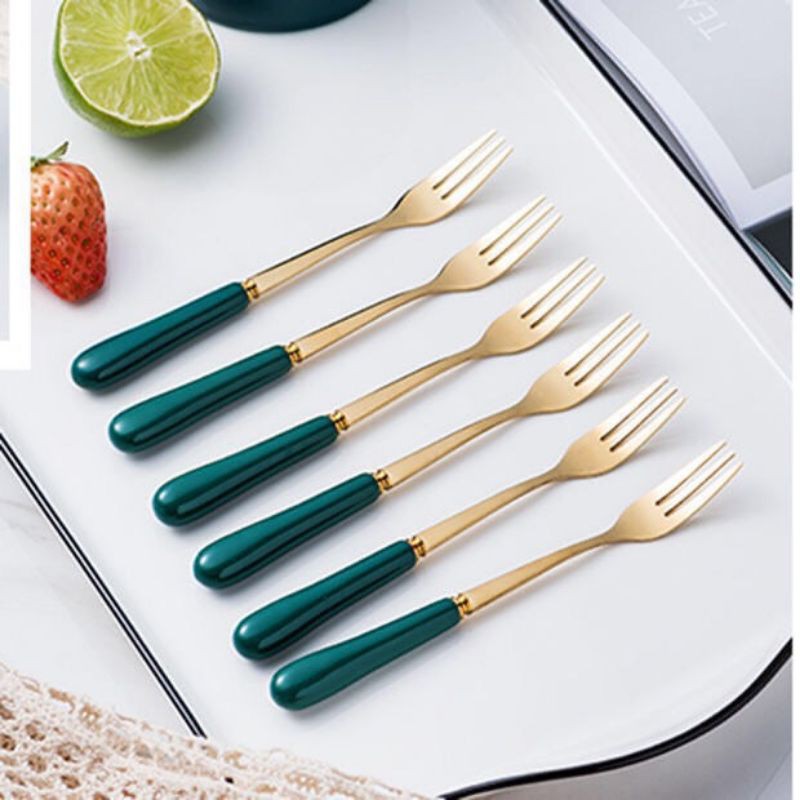 Combo 10 dĩa inox mạ vàng cán sứ