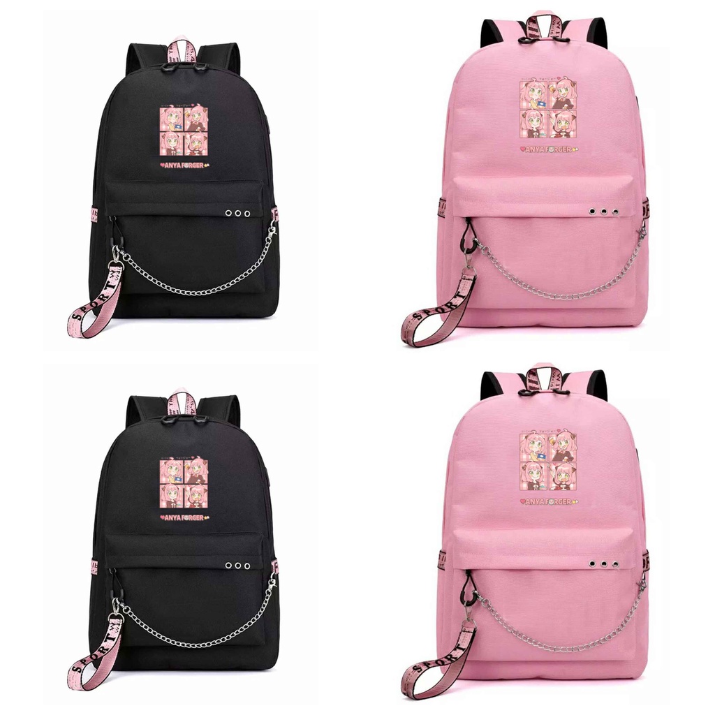 Balo thông minh đen hồng in hình ANYA ver ĂN UỐNG Spy x Family chibi anime cặp sách đi học