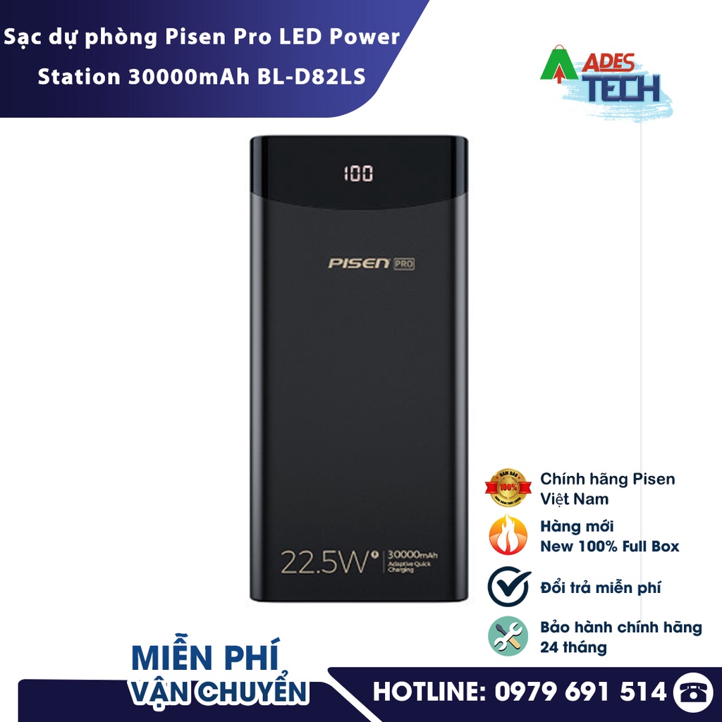 Sạc dự phòng Pisen Pro LED Power Station 30000mAh BL-D82LS - Dung lượng pin khủng - Bảo hành chính hãng