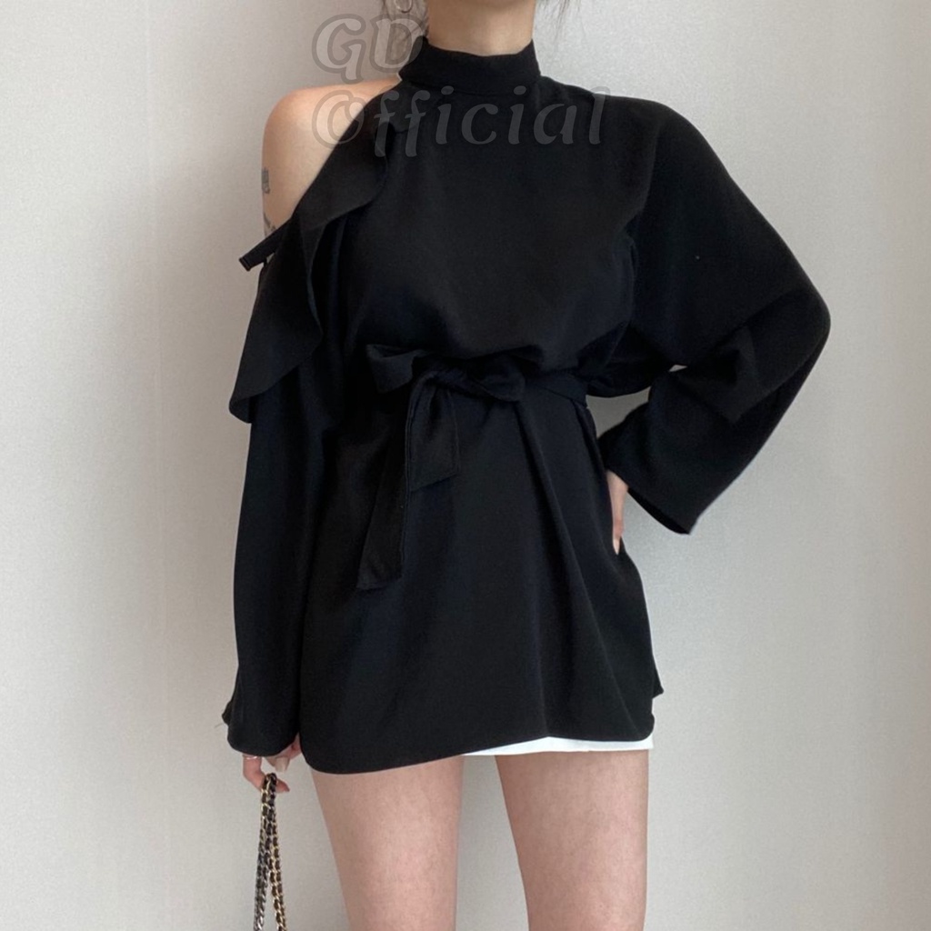 A48|Áo sơ mi voan dài công sở nữ sang trọng tối giản cổ lọ đứng tròn thắt lưng eo dài tay hở vai trắng đen GD Offcial