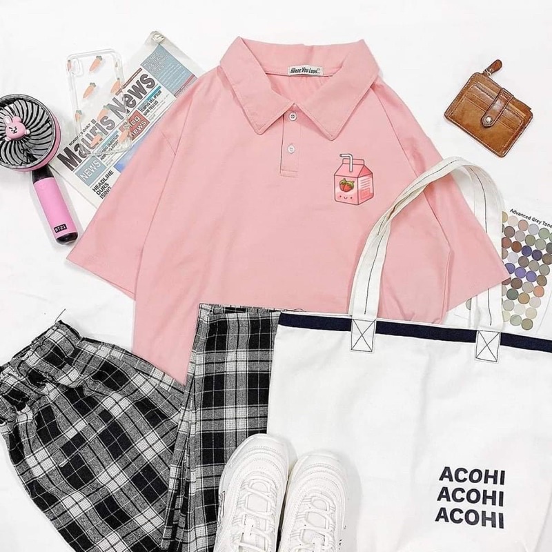 Áo thun có cổ , áo polo dáng rộng unisex freesize dành cho nữ - hộp sữa