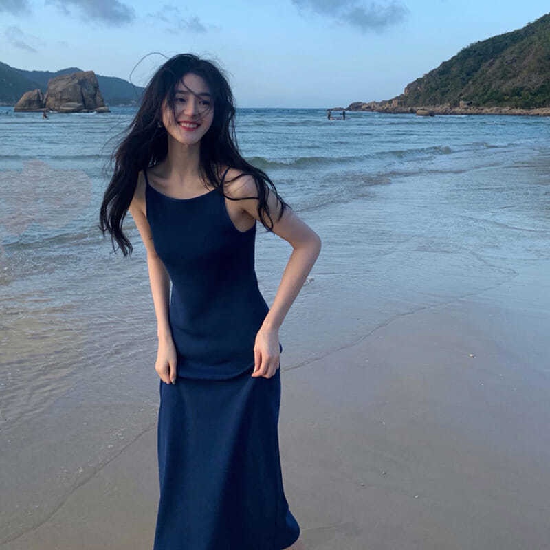 Đầm Dài Hai Dây Màu Trơn Phong Cách Phương Tây Thời Trang Cho Nữ