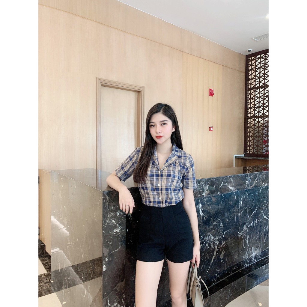 [FASHIONRUN19 - FASHIONHOT19] Áo Sơ Mi Nữ Đẹp Tay Ngắn Kẻ Caro Tím Oliu A22, Áo Sơ Mi Kiểu Hàn Quốc - Mindesign | BigBuy360 - bigbuy360.vn