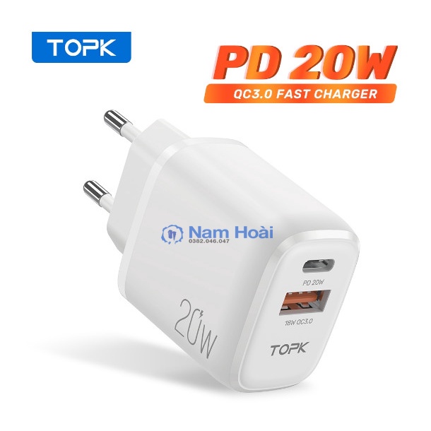 Củ Sạc Nhanh TOPK B110P/B210P Mini 20W PD3.0 QC3.0 Cổng USB Type C Tiện Dụng Mang Theo Du Lịch