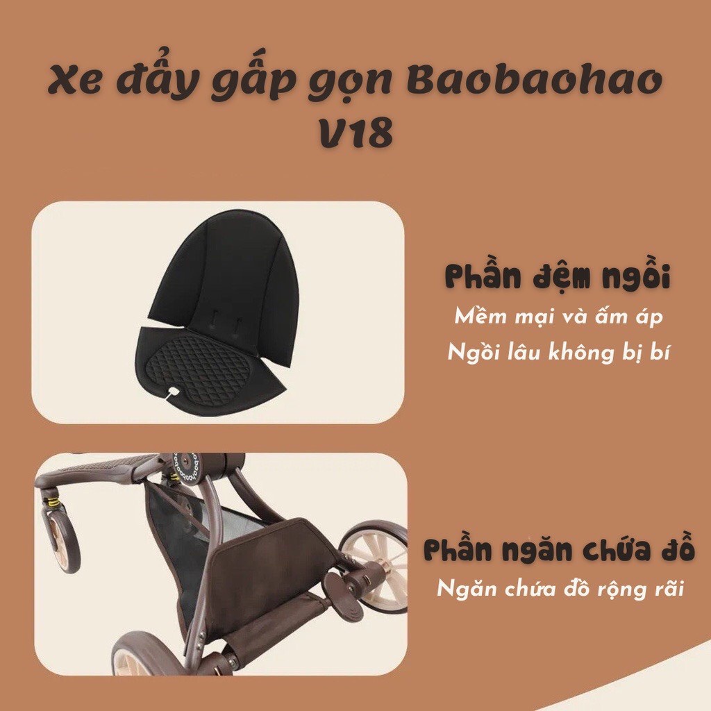 Xe Đẩy Gấp Gọn BAOBAOHAO V18 Kèm Gối Da Và Đệm Ngồi Ngã Lưng Với 5 Chế Độ Có Mái Vòm - Hàng Chính Hãng