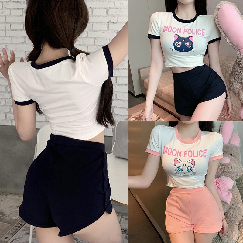 Bộ áo croptop in hoạt hình + quần short lưng cao thời trang Hàn Quốc cá tính cho nữ