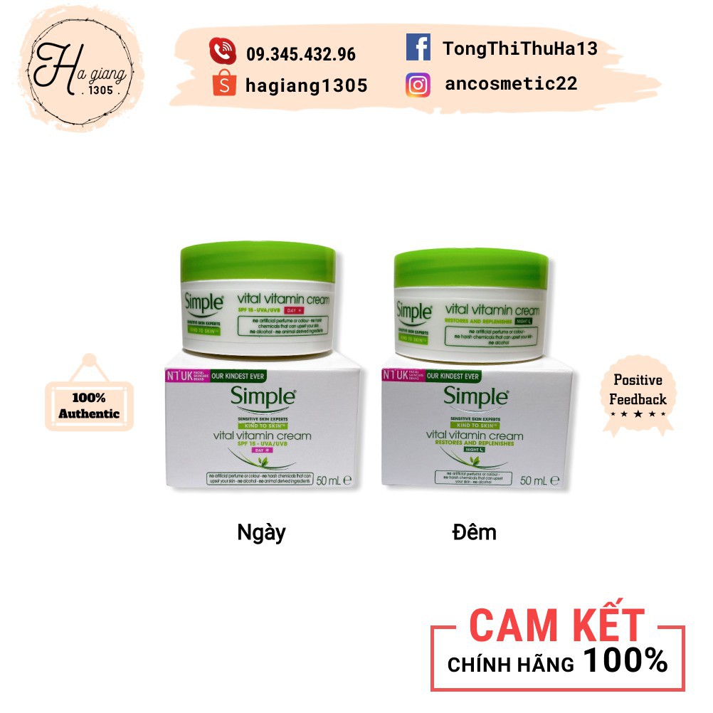 [PHỤC HỒI DA] Kem dưỡng da ban ngày/ban đêm Simple Kind To Skin Vital Vitamin Day/Night Cream