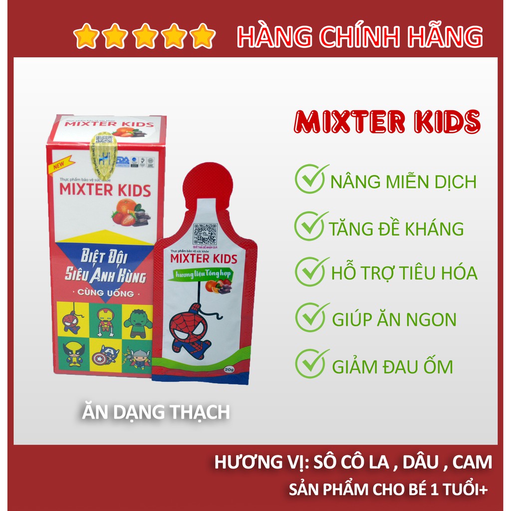 Mixter Kids (5 gói) nâng miễn dịch, đề kháng hiệu quả cho bé (ăn dạng thạch, vị cam, dâu, sô cô la)