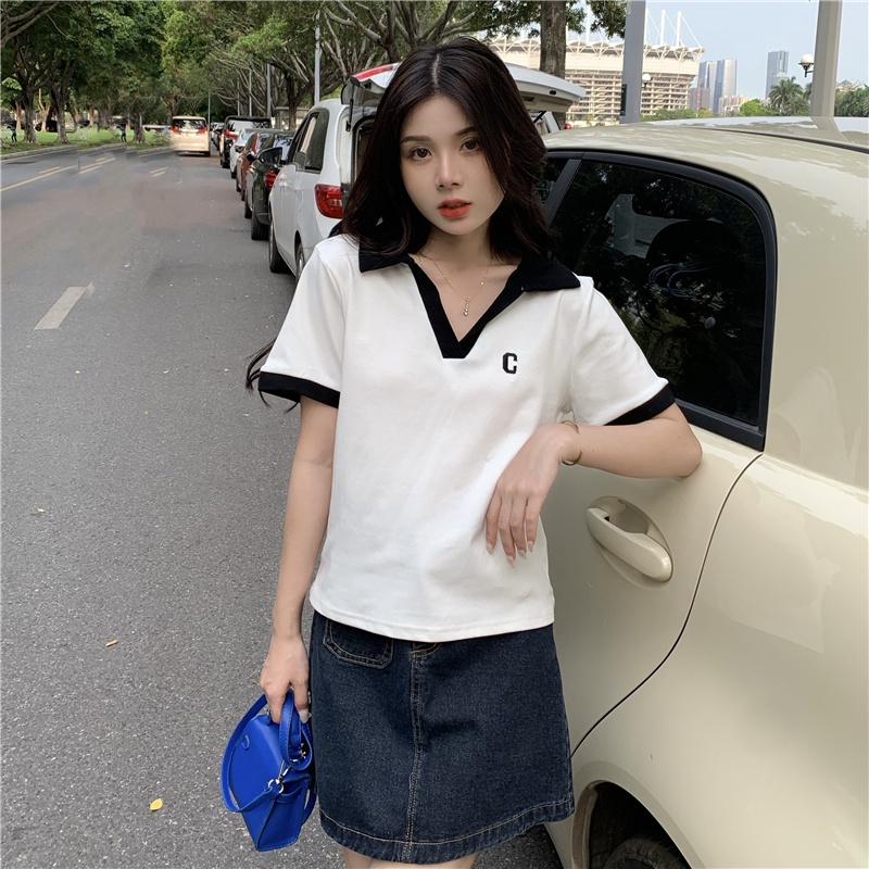 Porozi  Áo Thun Nữ Ngắn Tay Cổ Chữ V Thời Trang Hàn
