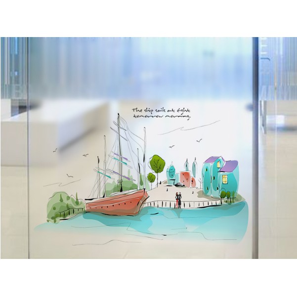 Decal trang trí kính cao cấp Thuyền lớn và nhà ven biển ( 60cm x 58cm )