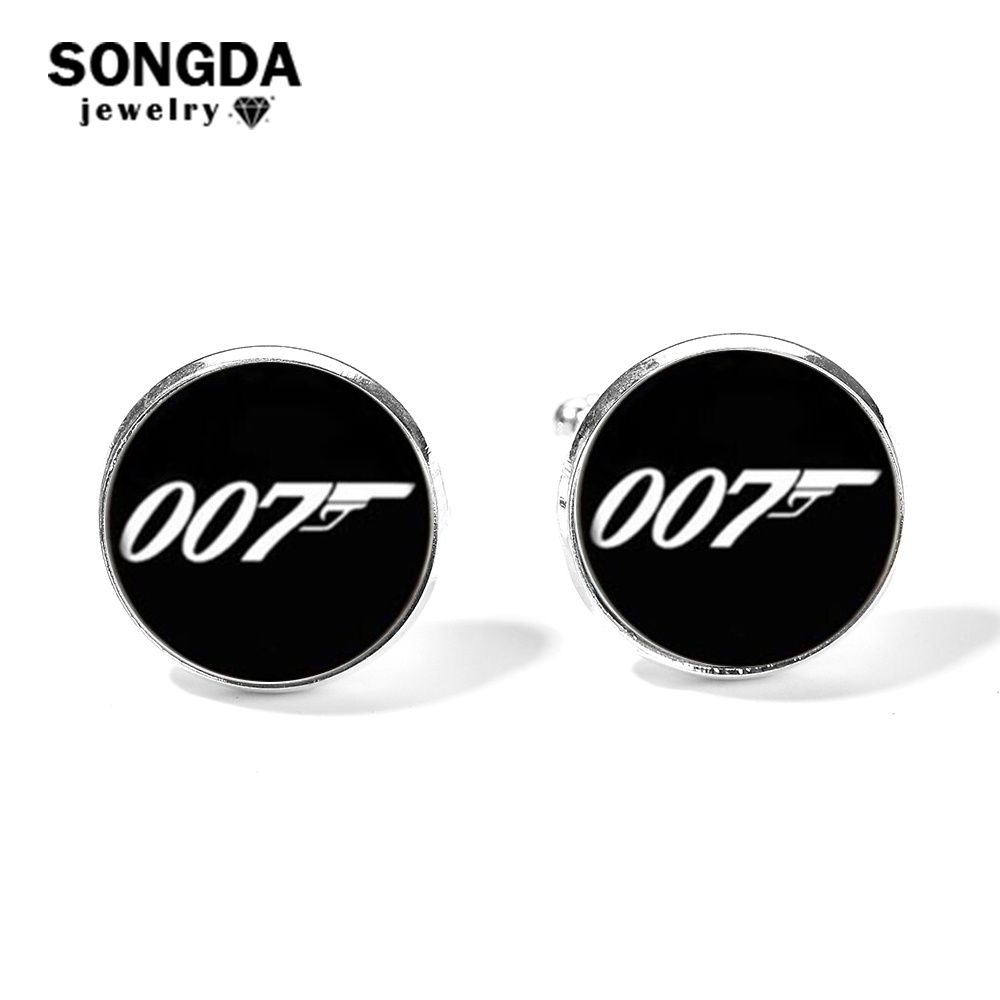 Khuy măng sét James Bond 007 dành cho nam màu đen cổ điển & Áo sơ mi vòm kính họa tiết 007 màu trắng