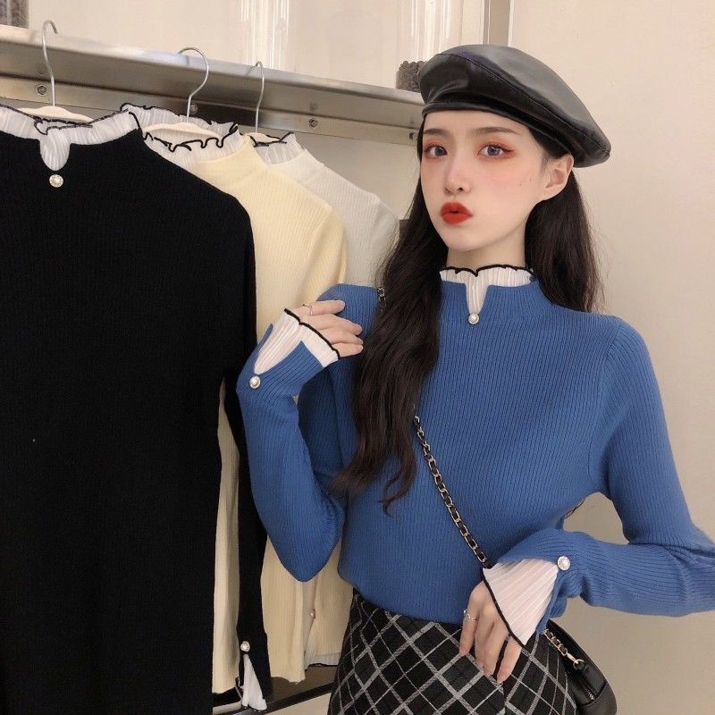 Áo sweater khâu vải mỏng giữ ấm tay dài mặc chui đầu dành cho nữ