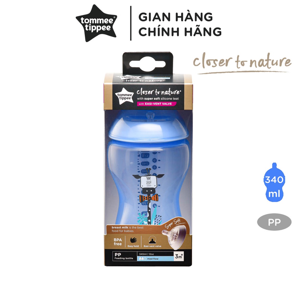 Bình sữa ty siêu mềm tự nhiên Tommee Tippee Closer to Nature PP 340ml-Xanh dương