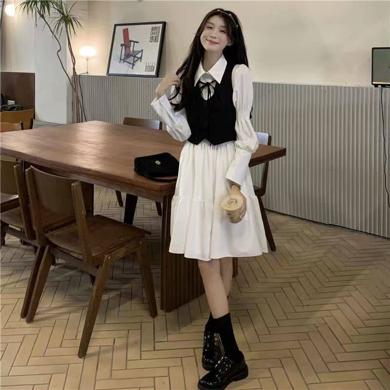 Set áo gile ngắn đen cổ V nữ sinh thắt nơ + váy sơmi trắng dài tay tầng bèo dáng babydoll xinh xắn có size