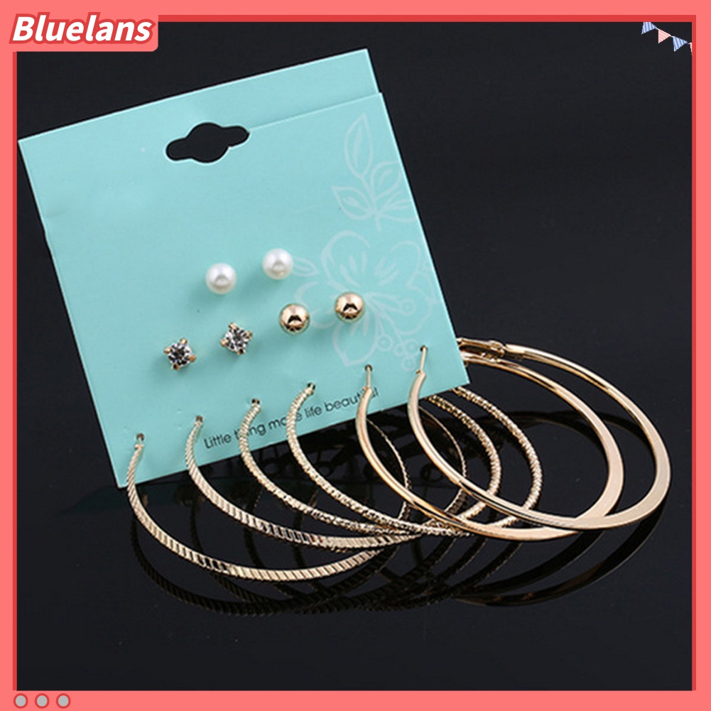 Set 6 đôi hoa tai dạng vòng đính ngọc trai giả thời trang