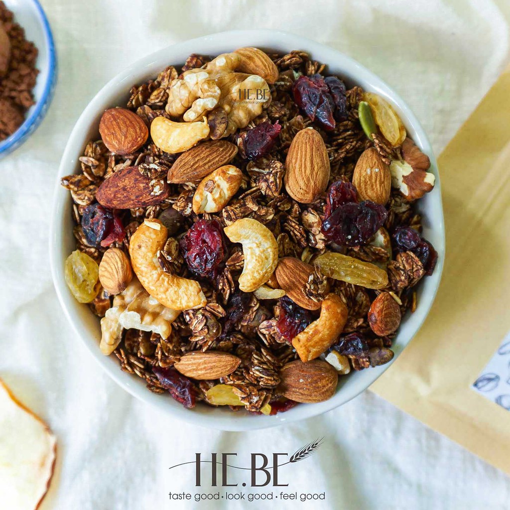 [Mã 267FMCGSALE giảm 8% đơn 500K] Granola Choco Ăn Kiêng HeBe Không Đường - Ngũ Cốc Giảm Cân Tự Nhiên