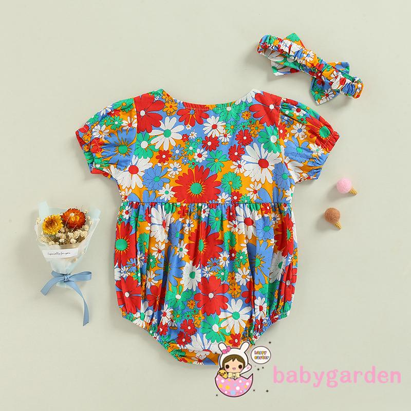 Bộ Áo Liền Quần Tay Ngắn Cổ Tròn In Hoa Kèm Băng Đô Xinh Xắn Cho Bé Gái