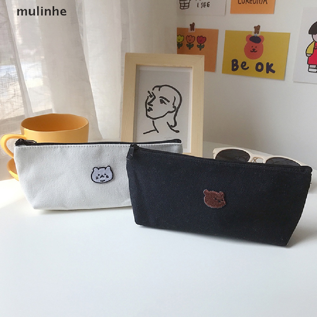 Túi Đựng Bút Vải Canvas Thêu Họa Tiết Xinh Xắn Kiểu Hàn Quốc